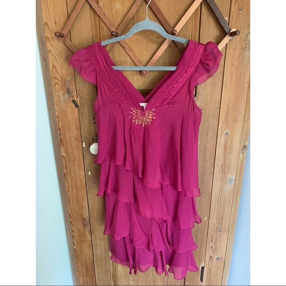 Rebecca Taylor raspberry silk layered ruffle dress